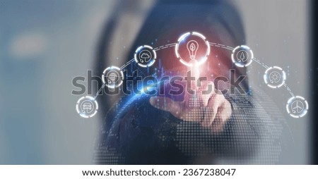 Renewable energy, sustainable, clean energy concept. Carbon reduction solution to limit climate change and global warming. Environmental protection. Pointing with sustainable energy source icon. Royalty-Free Stock Photo #2367238047
