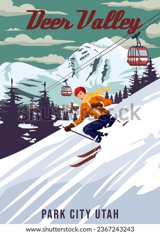 Travel poster Ski Deer Valley resort vintage. USA winter landscape travel card Royalty-Free Stock Photo #2367243243