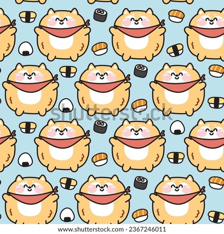 Seamless pattern of cute fat shiba inu dog with icon sushi background.Chubby japanese pet animal funny character cartoon design.Baby clothing.Japanese food hand drawn.Kawaii.Vector.Illustration.