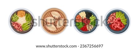 Korean Food and Dish Served on Plate Above View Vector Set