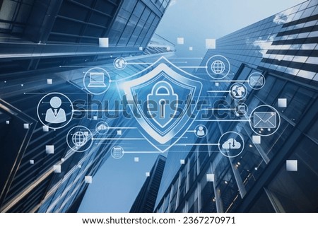Creative glowing padlock hologram on blurry city background with various icons. Safety and security concept. Double exposure