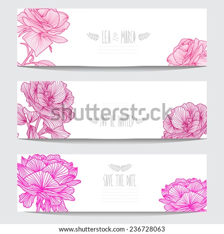 Elegant cards with decorative rose flowers, design elements. Can be used for wedding, baby shower, mothers day, valentines day, birthday cards, invitations. Floral banners. Vintage decorative flowers