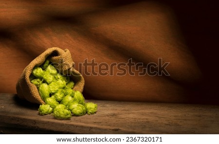 Beer. Still life with Vintage beer barrel and glass light beer. Fresh amber beer concept. Green hop and gold barley on wooden table. Ingredients for brewery. Brewing traditions Royalty-Free Stock Photo #2367320171