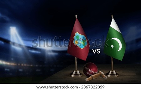 Cricket Match concept with golden trophy and other participant countries flags on stadium background.