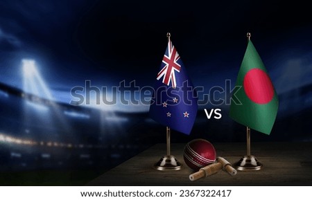 Cricket Match concept with golden trophy and other participant countries flags on stadium background.