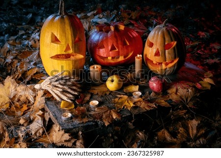 Halloween pumpkin with candle closeup in dark forest. Halloween festive background.