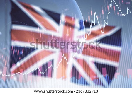 Abstract creative financial graph interface and world map on flag of Great Britain and sunset sky background, forex and investment concept. Multiexposure