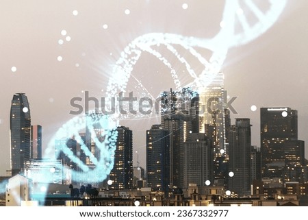 DNA hologram on Los Angeles office buildings background, biotechnology and genetic concept. Multiexposure