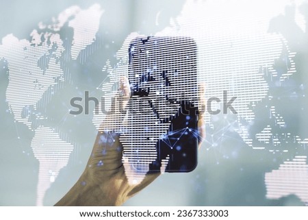 Multi exposure of abstract creative digital world map and hand with phone on background, tourism and traveling concept