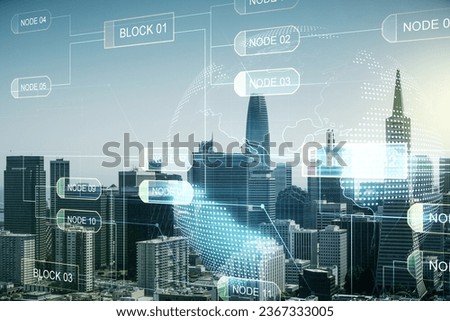 Double exposure of abstract creative programming illustration and world map on San Francisco office buildings background, big data and blockchain concept