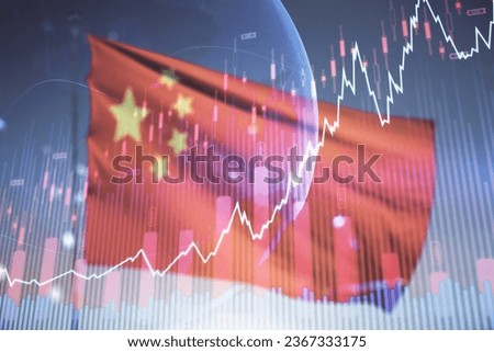 Multi exposure of virtual abstract financial chart hologram and world map on Chinese flag and blue sky background, research and analytics concept