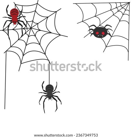 Poisonous spider vector set. Hanging spider on a web. Happy halloween clip art. Halloween character. Insect vector.