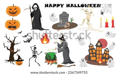 Happy Halloween vector set. Halloween element clip art, pumpkin, grim reaper, death, mummy, zombie hand, ghost, haunted house, bat, witch, spooky tree, potion cauldron, gravestone, candle. Flat vector
