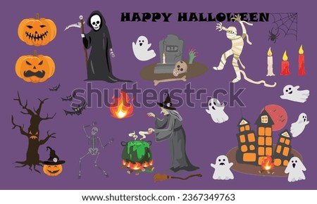 Happy Halloween vector set. Halloween element clip art, pumpkin, grim reaper, death, mummy, zombie hand, ghost, haunted house, bat, witch, spooky tree, potion cauldron, gravestone, candle. Flat vector