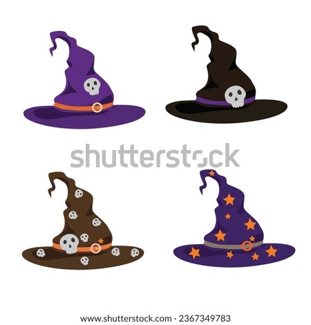 Witch hat vector illustration. Witch hat with different colors and styles. Happy halloween clip art. Flat vector in cartoon style isolated on white background.