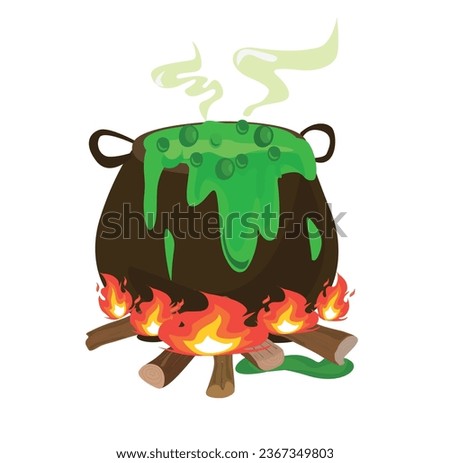 Witch's potion cauldron vector illustration. Cauldron of poisonous potion magic. Happy halloween clip art.  Flat vector in cartoon style isolated on white background.