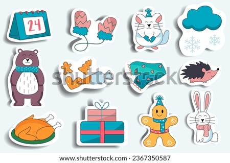 Winter set in cartoon style. These sticker-style winter elements will bring a touch of seasonal magic to all art works. Vector illustration.