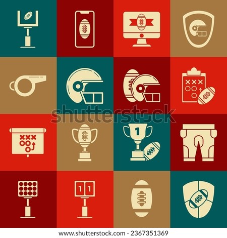 Set American Football ball and shield, football shorts, Planning strategy concept, tv program, helmet, Whistle, goal post and  icon. Vector