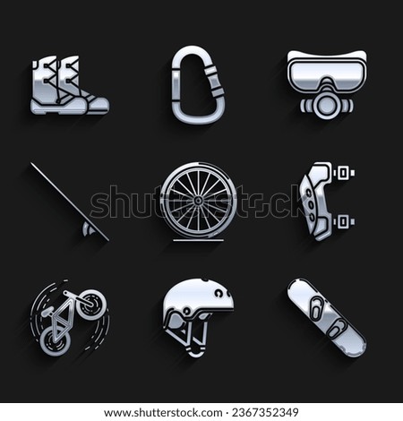 Set Bicycle wheel, Helmet, Snowboard, Knee pads, trick, Surfboard, Diving mask and Boots icon. Vector