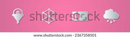 Set paper cut Sales funnel with bitcoin, Blockchain technology, Credit card and Cryptocurrency cloud mining icon. Paper art style. Vector