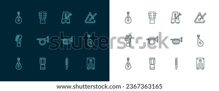 Set line Triangle musical instrument, African djembe drum, Trumpet, Flute, Metronome with pendulum, Mandolin and Guitar neck icon. Vector