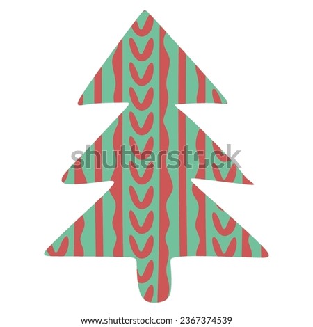 Fir Tree sticker. Vector red and green knitted textile patchwork. Best for web, print and New year element, Christmas decoration, Winter design element for Postcard, Card, Flyer.
