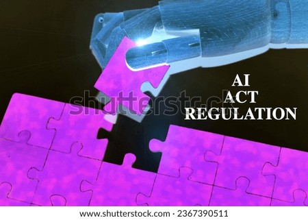 AI regulation symbol. Concept words AI artificial intelligence regulation robot hand on beautiful puzzle jigsaw. Business AI artificial intelligence regulation concept. Copy space