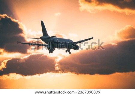 Airbus A320 Airliner landing during a scenic sunset Royalty-Free Stock Photo #2367390899