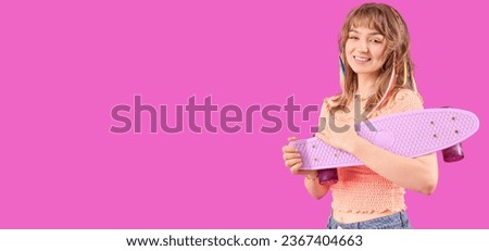 Happy teenage girl with skateboard on magenta background with space for text