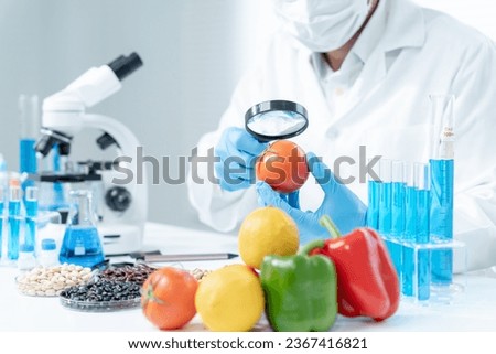 Scientist check chemical food residues in laboratory. Control experts inspect quality of fruits, vegetables. lab, hazards, ROHs, find prohibited substances, contaminate, Microscope, Microbiologist
 Royalty-Free Stock Photo #2367416821