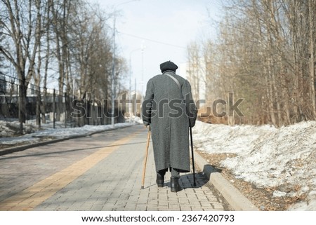 Pensioner walks down road. Elderly woman on street. Walk in Park. Old man. Royalty-Free Stock Photo #2367420793