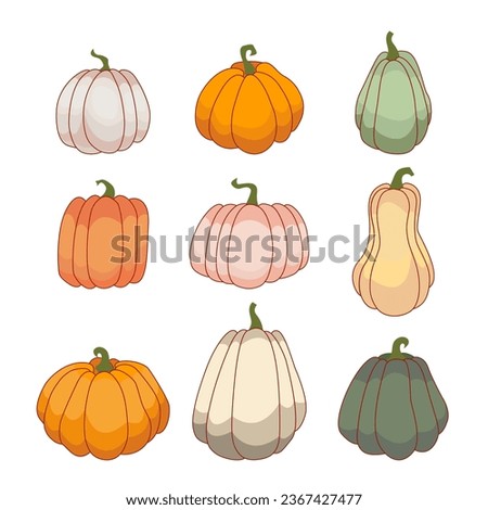 Pumpkin flat icons set. Simple pumpkin cartoon colorful icon symbol isolated on white. vector Illustration. Different shapes, sizes and colors of pumpkins with shadows.  EPS10
