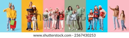 Group of different people with Christmas gifts, shopping bags and in winter clothes on color background