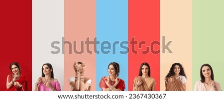 Set of many beautiful Indian women on color background