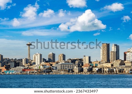 Panoramic view of Seattle cityscape  at Elliott Bay in a sunny day, Washington, USA
