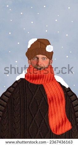 Poster. Contemporary art collage. Modern creative artwork. Young man dressed in huge warm jacket, hat and scarf under snowfall. Concept of fashion, style, winter, cold season, trends. ad
