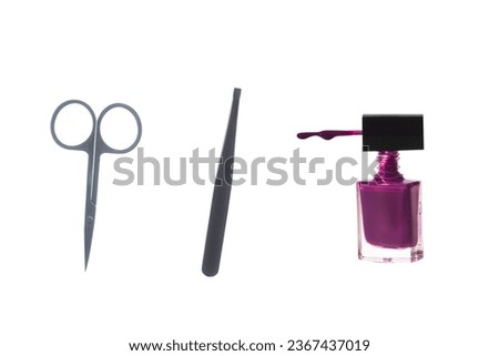 scissors and nail polish tweezers, isolated on white background. Make up