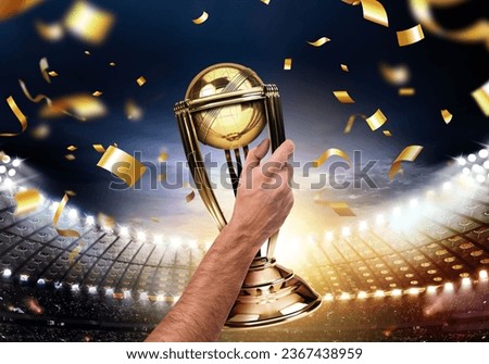 Happy Cricket Team Rising Golden Trophy Celebration Moment. Royalty-Free Stock Photo #2367438959