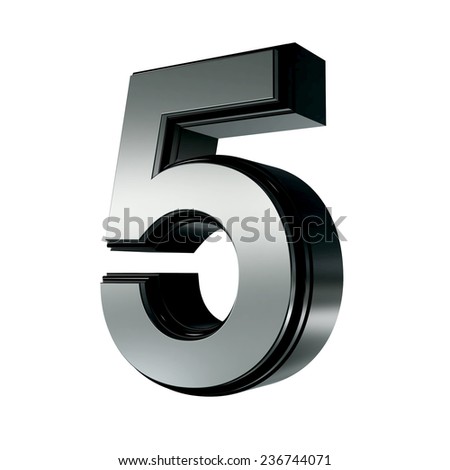 Silver with black rim high quality 3d render font type letter 5 isolated on white , uppercase 