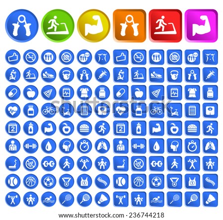 Set of Standard Quality Fitness Icons with Circular and Square Colored Buttons on White Background ( isolated elements ).