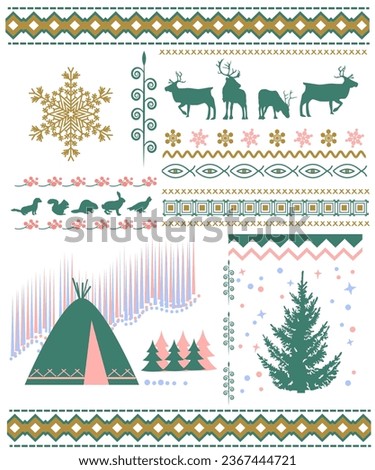 North patterns with animal and tree silhouettes. Vector illustration.