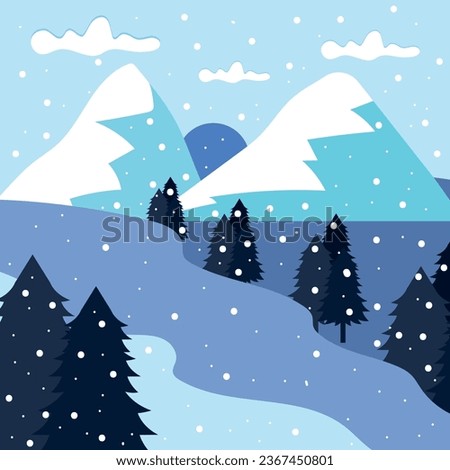 Winter landscape with white pine trees on snow hill. Christmas landscape with fir trees forest and snowing. Happy new year celebration