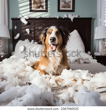 Cute pets play happily in a room full of damaged items Royalty-Free Stock Photo #2367460525