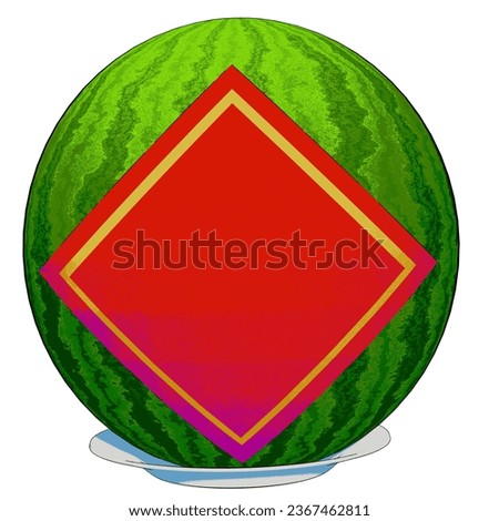 A illustrations of watermelonswith lucky red paper sticked on it . The illustration style is clean, simple, and refined.