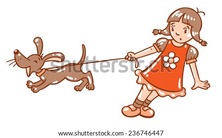 Children vector illustration in vintage colors of girl holding the leash barking dog or puppy