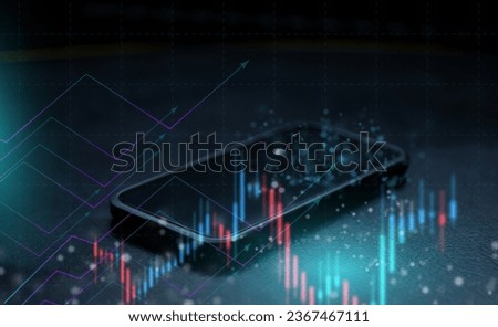 smartphone and analysing banking and investment growth graph to develop smart financial decision for business plan strategy