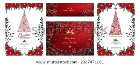 Set of Christmas invitation cards with Christmas tree, poinsettia, leaves, branches, berries, holly, stars, reindeer. Happy New Year symbol, winter floral collection. Hand drawn vector illustration