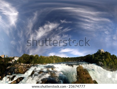 Rhine falls near Schaffhausen. 200Ã?Â° panoramic picture of the biggest European waterfall in Switzerland. On the right side Castle Lauffen