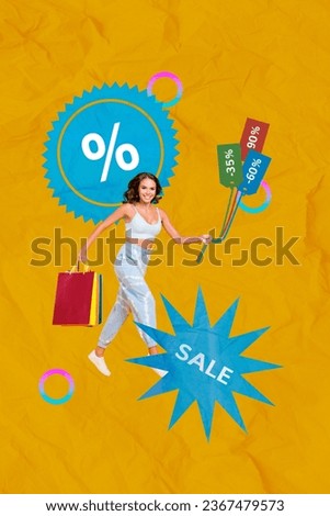 Banner collage artwork of happy beautiful girl go store buy clothes -90 percent autumn seasonal offer isolated on yellow drawing background
