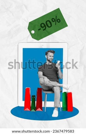 Artwork poster collage picture of handsome smiling man sitting chair buy brand clothes online isolated on drawing background